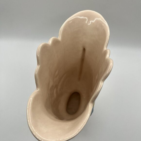 Vintage Hull Pottery Vase USA Art Baby Pink Gold Handles Blue Floral Mid Century - Picture 6 of 10